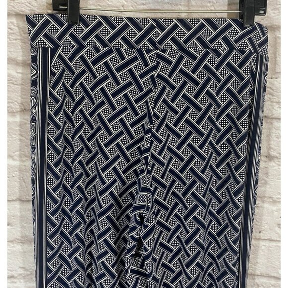 WHITE HOUSE BLACK MARKET Navy Blue White Basket Weave Pull On Wide Leg Pants M - Picture 8 of 12